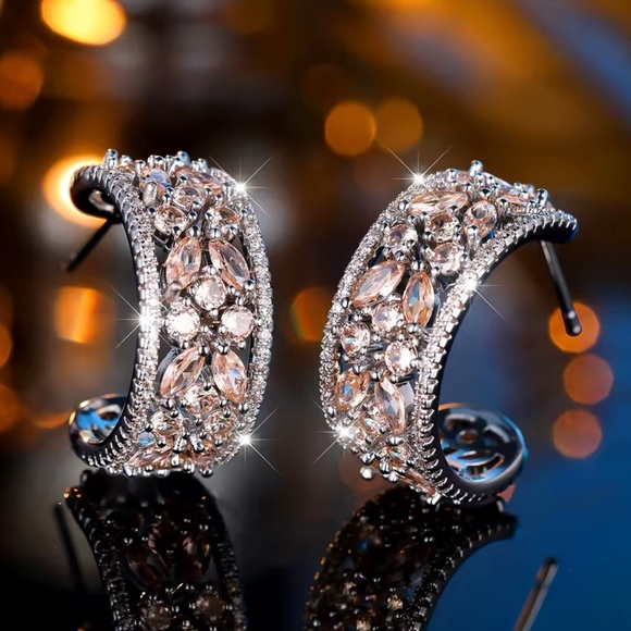 White Zircon Studs Silver Hoops - Picture 3 of 6